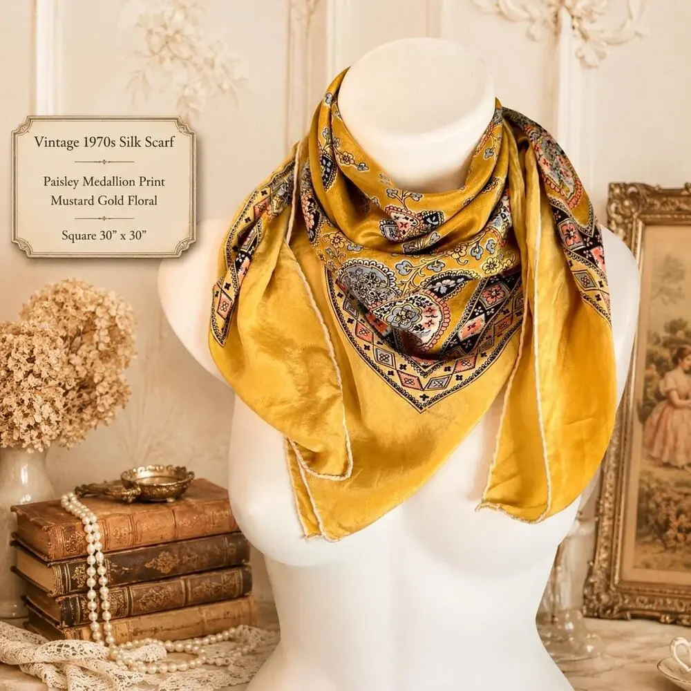 Vintage 1970s Silk Paisley Medallion Scarf Mustard Gold Floral Rolled 30